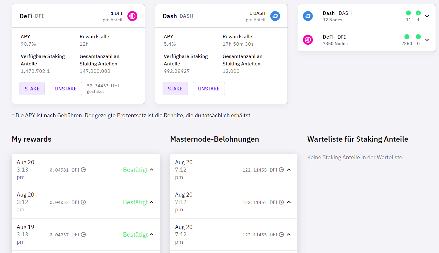 Übersicht Staking Dashboard auf Cake DeFi